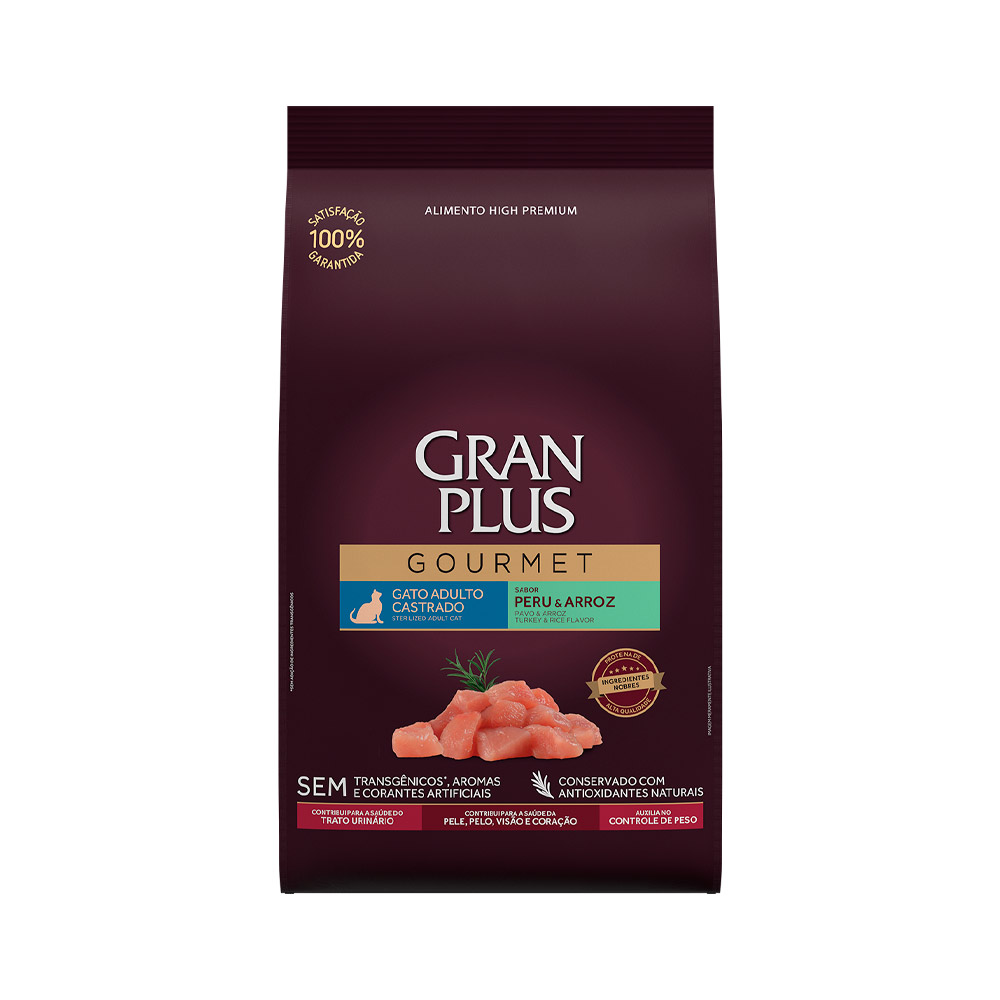 Ração GranPlus Gourmet para Gatos Castrados Sabor Peru e Arroz 1KG