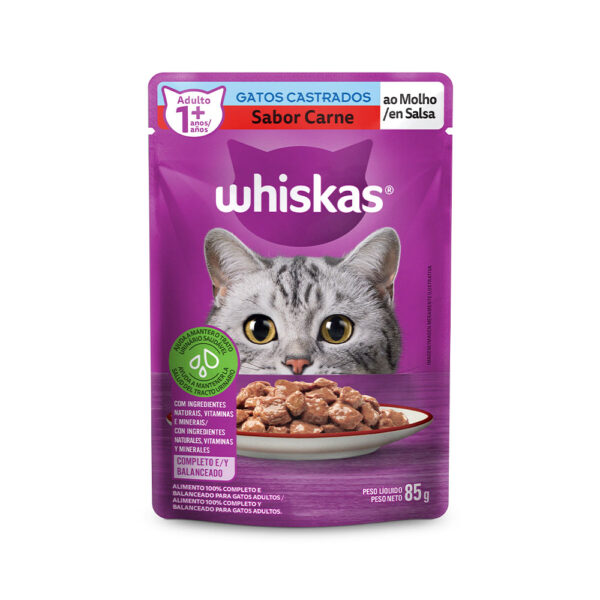 Sachê Whiskas Carne ao Molho para Gatos Adultos Castrados 85 g