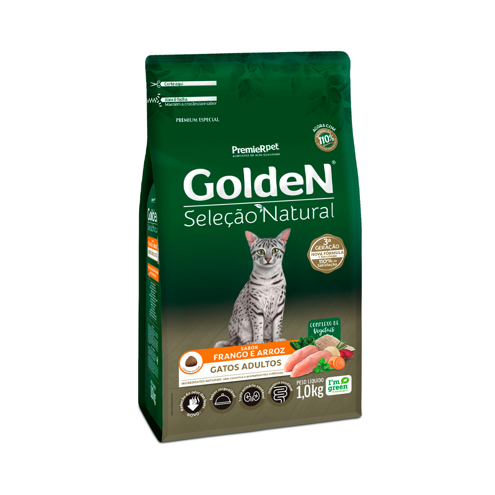Ração Golden Seleção Natural para Gatos Adultos Sabor Frango e Arroz 1KG