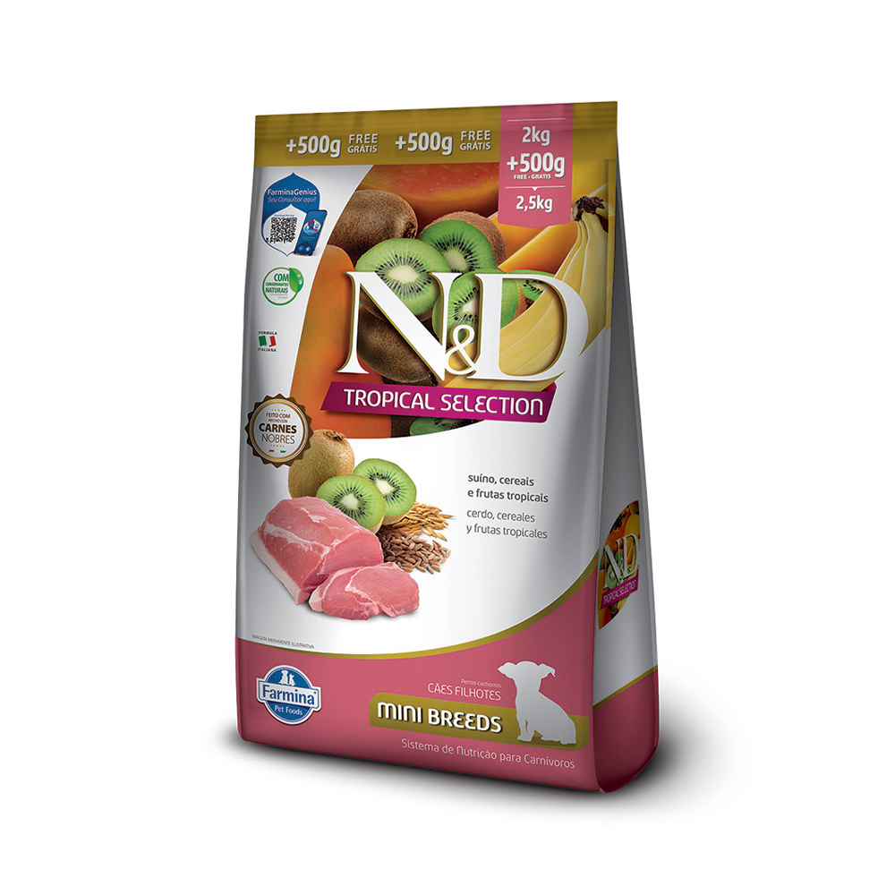 Ração N&D Tropical Selection para Cães Filhotes de Porte Mini Sabor Suíno, Cereais e Frutas Tropicais 2kg + 500g Grátis