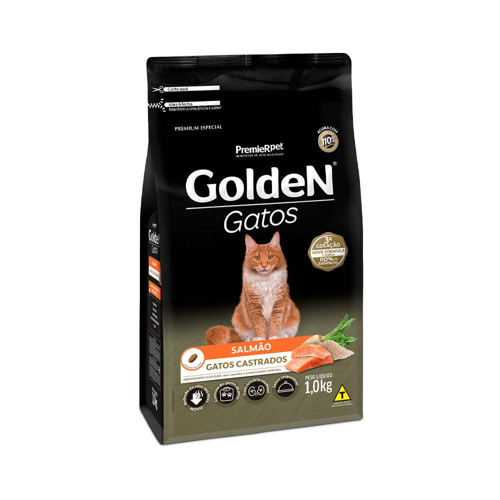 Ração Golden para Gatos Adultos Castrados Sabor Salmão 1KG