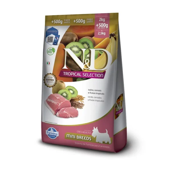 Ração Farmina N&D Tropical Selection para Cães Adultos de Porte Mini Sabor Suíno, Cereais e Frutas Tropicais 2kg + 500g Grátis