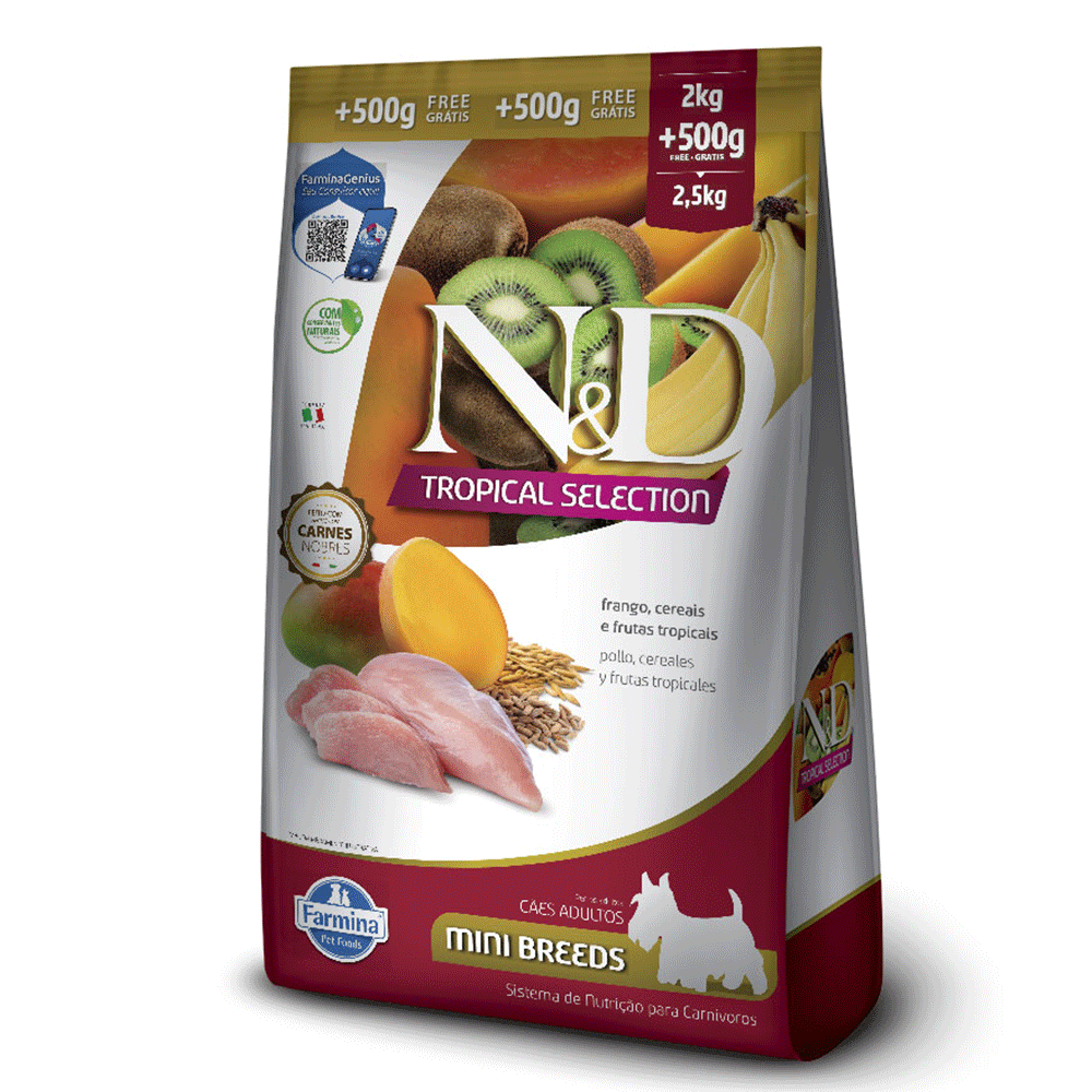 Ração N&D Tropical Selection Cães Adultos Mini Frango 2 kg + 500g Grátis