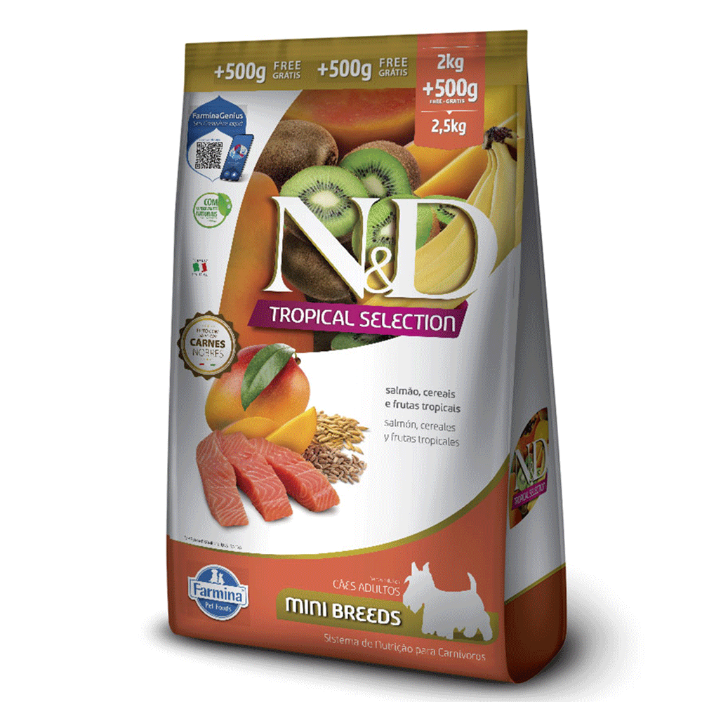 Ração Farmina N&D Tropical Selection para Cães Adultos de Porte Mini Sabor Salmão, Cereais e Frutas Tropicais 2kg + 500g Grátis
