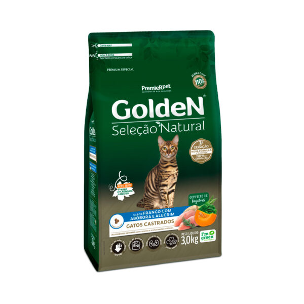 Ração Golden Seleção Natural para Gatos Adultos Castrados Sabor Frango com Abóbora e Alecrim 3KG