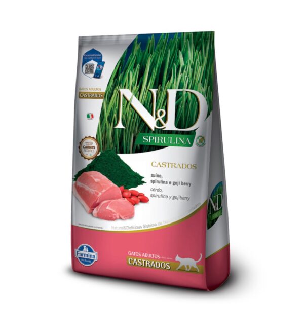 Ração Farmina N&D Spirulina para Gatos Adultos Castrados Sabor Suíno, Spirulina e Goji Berry 1,5KG